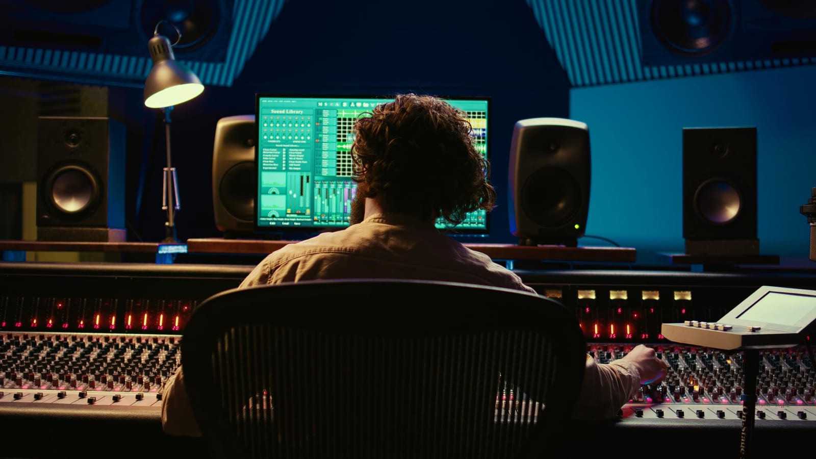 Produtor de costas opera a mesa de mixagem diante de monitores e caixas de som.